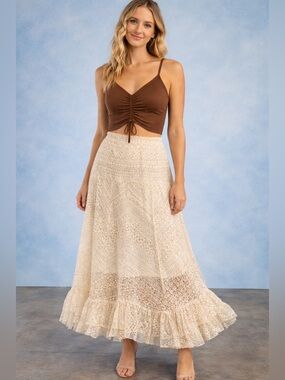 Solitaire Ivory Lace Maxi Skirt L Boho Ruffle Hem Lined Festival Cottagecore
